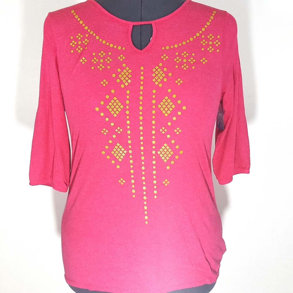 Boho Glitter Keyhole Neck Tee Pink Heather